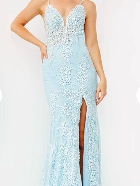 Light Blue Lace Prom Dress with Plunge Neck and Front Slit